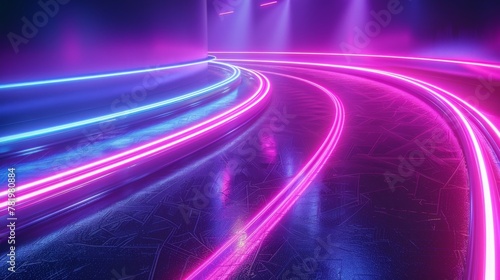 3D neon light effect background. A high speed road is reflected in the curved beam of purple and blue neon.