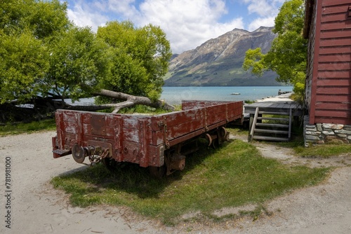 Old red railway truck in Glenorchy, Otago, New Zealand photo