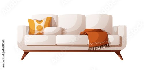 Cozy white couch with pillows and plaid. Home interior, furniture, living room concept. Isolated vector illustration.