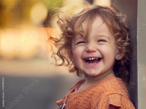 A portrait of a happy little girl laughing with white teeth in a closeup shot. She has blonde hair and is wearing a light blue striped shirt. The background features a soft focus on the beach or park