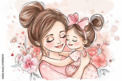 Mother and daughter in illustrated embrace