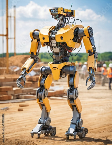 A humanoid robot with a yellow torso and helmet, working at a construction site with wooden structures under clear skies.