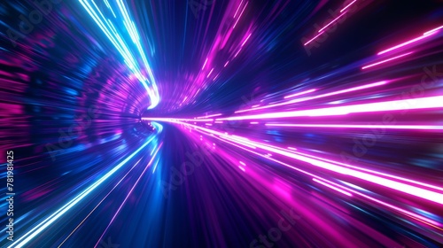 Background with neon light effect. Purple and blue beams stretching into tunnel shape. Concept of high speed. © Антон Сальников