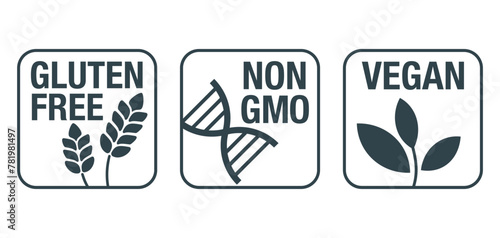 Vegan, Non-GMO, Gluten free - square icons set