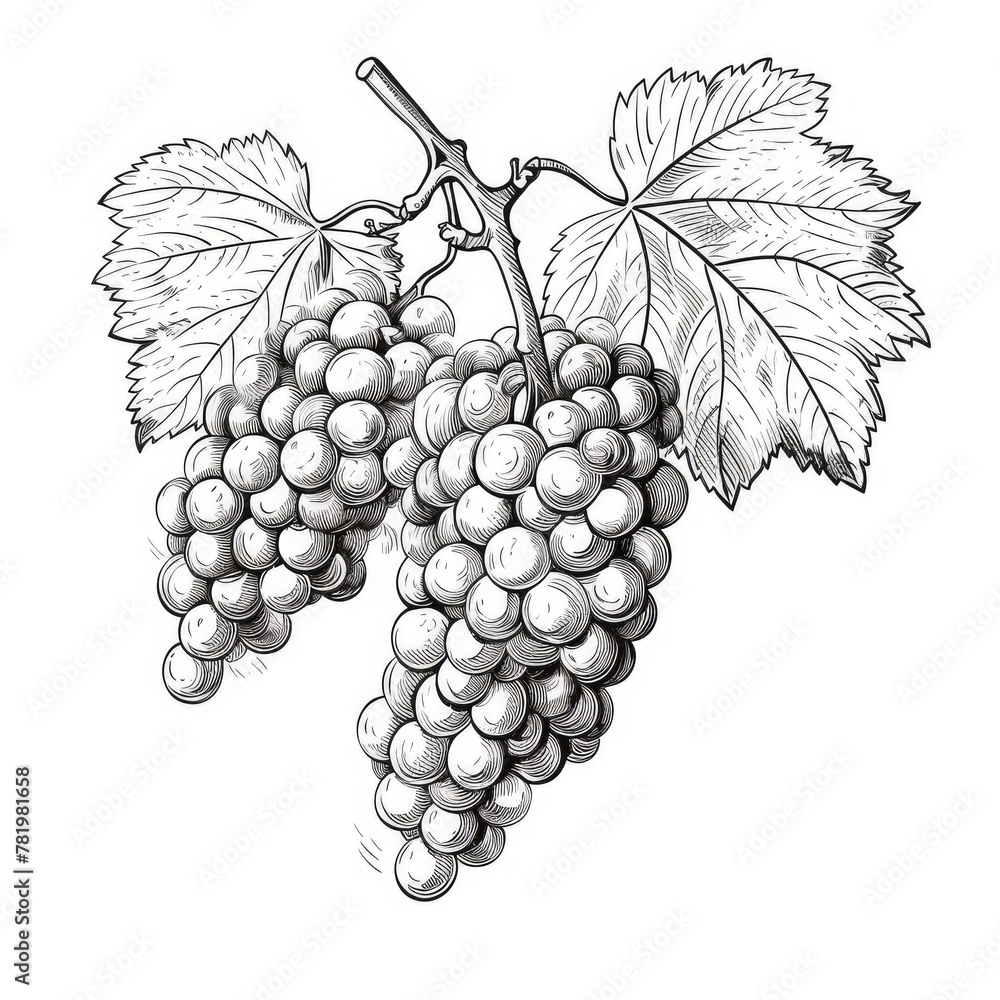 Fototapeta premium Grape Sketch, Hand Drawn Vine Grapes, Sketched Vineyard Design, Engraving Berries, Ink Fruits