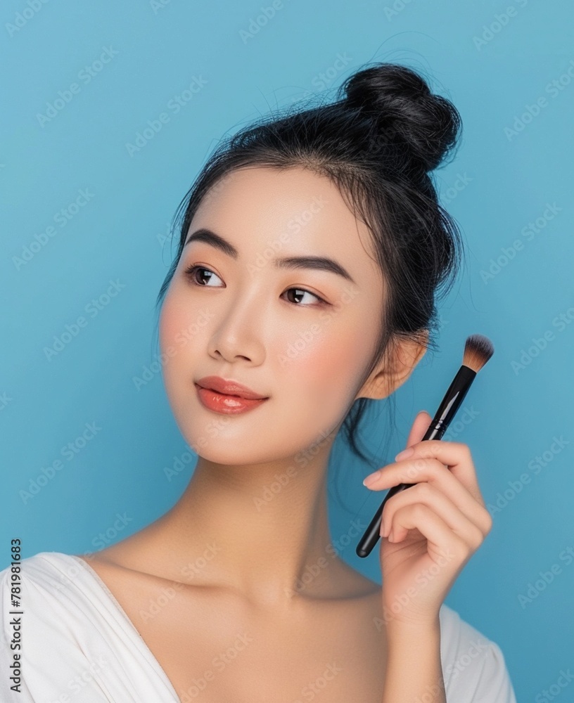 Portrait of a beautiful smiling Asian woman with a smooth and clean face. Skin care advertising concept for youth with bright aqua blue background. Portrait of a beautiful smiling Asian woman with a smooth and clean face. Skin care advertising concept for youth with bright aqua blue background.