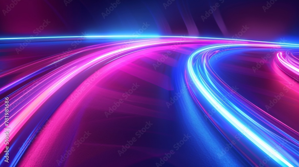 A 3D curved neon light effect background illustrates a high speed concept. The light trail is curved outside in every direction.