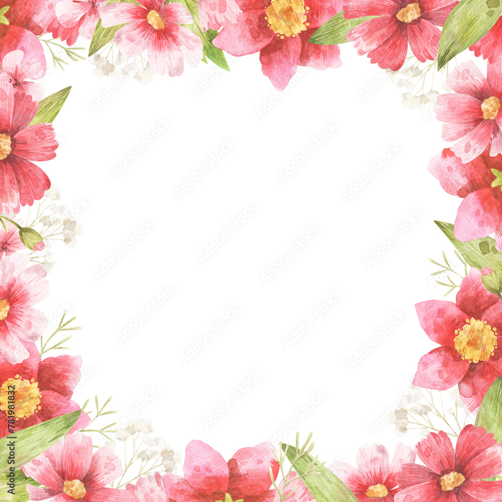Floral square frame, template for greeting card or wedding invitation. Watercolor border with pink flowers