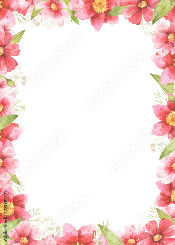 Floral frame, template for greeting card or wedding invitation. Watercolor vertical border with pink flowers