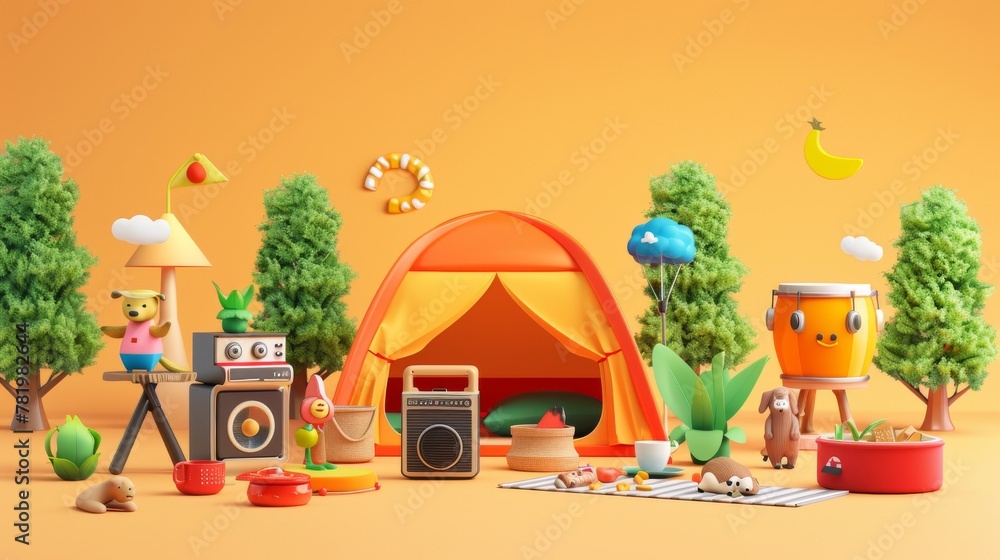 A 3D cartoon camping set isolated on light orange background, including tents, picnic tables, chairs, drums, radios, baskets, food, a dog, plants, and adorable characters.