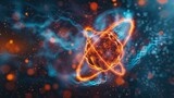 Atom, the smallest constituent unit of ordinary matter that has the properties of a chemical element. atom icon, neon chemistry, digital learning era background
