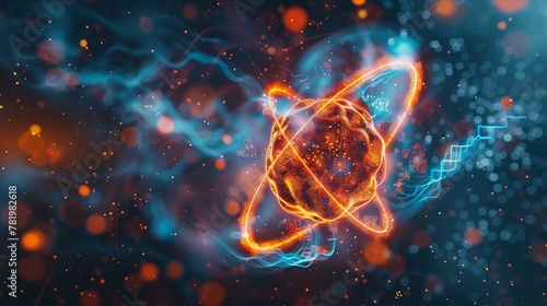 Atom, the smallest constituent unit of ordinary matter that has the properties of a chemical element. atom icon, neon chemistry, digital learning era background