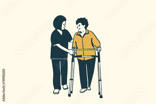 A nurse walking together with old woman or helping old woman at nursing home concept vector drawing