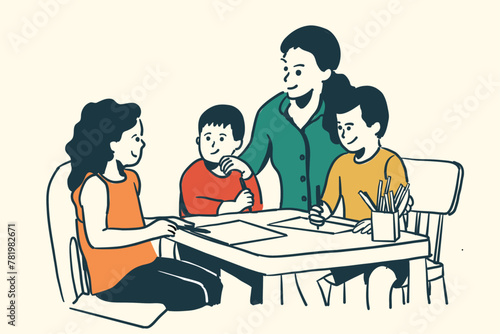 A woman and kids drawing together or a woman show children to how to draw, dar care center concept vedtor drawing