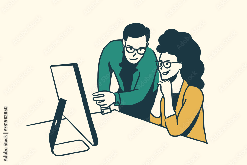 Man and woman working together and explaining and pointing computer moniter concept vector drawing Man and woman working together and explaining and pointing computer moniter concept vector drawing