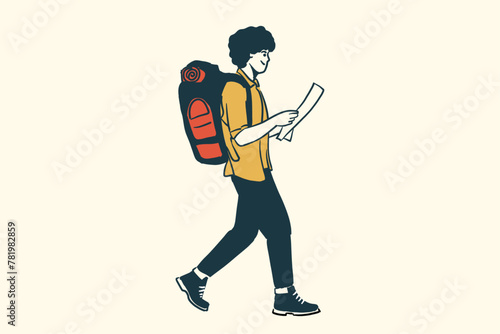 Man backpacker travelling with map or a man in hilidays travelling with backpack and map photo