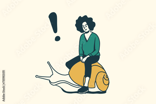 Woman riding snail or slow moving business concept veector drawing