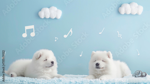 Happy Cartoon Clouds and Dogs in a Sky with Musical Notes Illustration photo