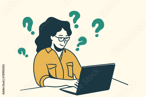 Woman working infront of computer and get confuse or woman busy working infront of computer and a lot of question concept vector drawing