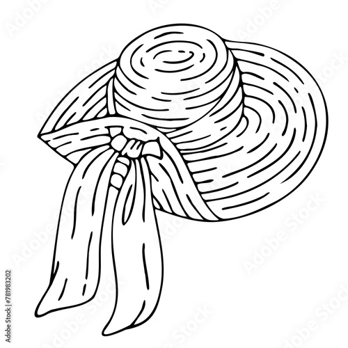 Vector Hand Drawn Sketch Illustration Fashionable straw hat with wide flaps, summer vacation attribute, isolated on white background. Doodle floppy straw hat symbol of summer vacation.