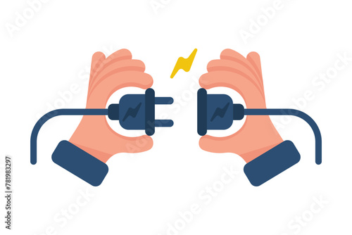 Business connection concept. Partnership. Vector illustration flat design. Businessmen connecting hold plug and outlet in hand, isolated on background. Cooperation interaction.