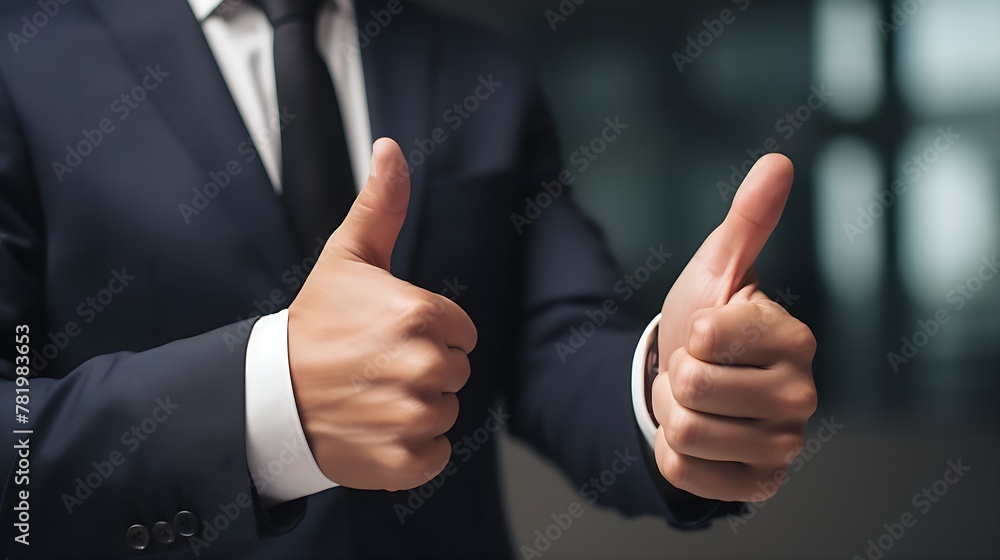 Close up of successful business man giving two thumbs up showing approval. Office in background. Double thumbs up