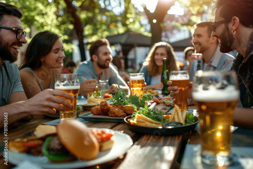 A group of friends are enjoying beer and food at an outdoor restaurant on a sunny day with a cheerful atmosphere