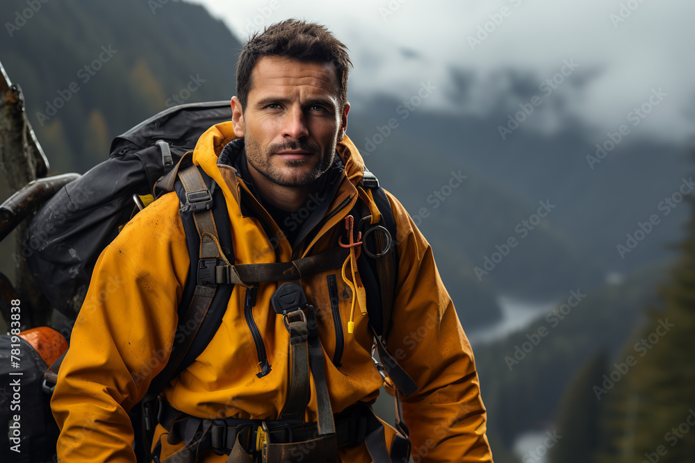 attractive bearded caucasian rescue man wearing orange, red, yellow mountain climbing gear