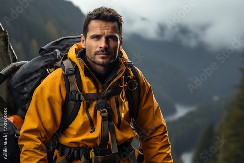 attractive bearded caucasian rescue man wearing orange, red, yellow mountain climbing gear