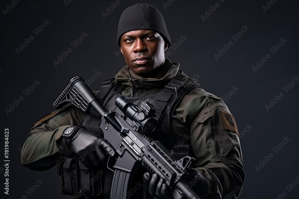 african american man, special forces soldier, armed man in black gear holding an assault rifle