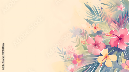 Summer background with watercolor illustration of tropical flowers and foliage  lot of empty copy space for text.