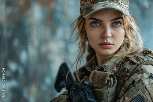 caucasian woman, special forces soldier, armed woman in camouflage gear holding an assault rifle, interior background