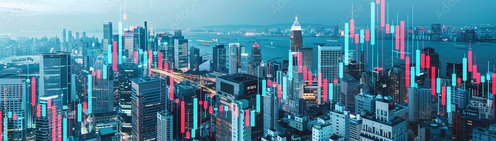 The stock exchange, nestled within the cityscape, navigates the financial seas with candlestick charts as its guide - obrazy, fototapety, plakaty 