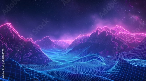 A futuristic landscape background using wireframe neon lights. Digital Terrain Cyberspace in the Mountains ...