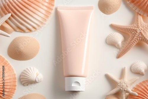 sun protective cosmetic, cream tub, on sand background, product design, beauty, top view