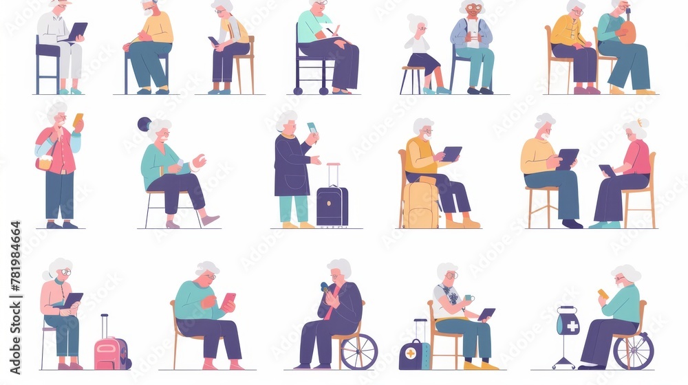 Senior people element set with flat style. Scenes of elderly using electronic devices for tasks such as getting deliveries, seeking medical care, and staying connected with family. Senior people element set with flat style. Scenes of elderly using electronic devices for tasks such as getting deliveries, seeking medical care, and staying connected with family.
