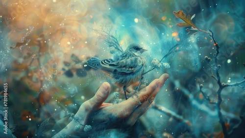 dream showing a person gently holding a bird with a broken wing, symbolizing care for one's vulnerabilities and the healing process