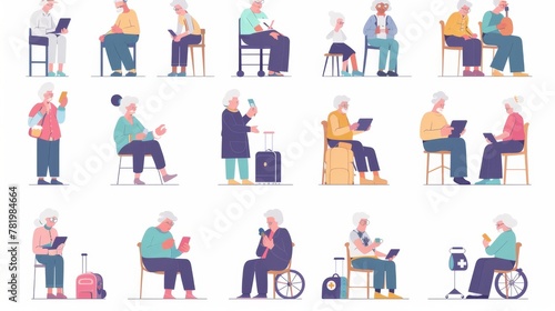 Wallpaper Mural Senior people element set with flat style. Scenes of elderly using electronic devices for tasks such as getting deliveries, seeking medical care, and staying connected with family. Torontodigital.ca