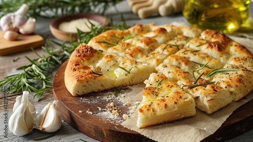 Round Italian focaccia bread with rosemary and garlic on wooden plate © Rames studio