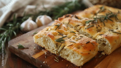 Italian focaccia bread with rosemary and garlic on wooden plate © Rames studio