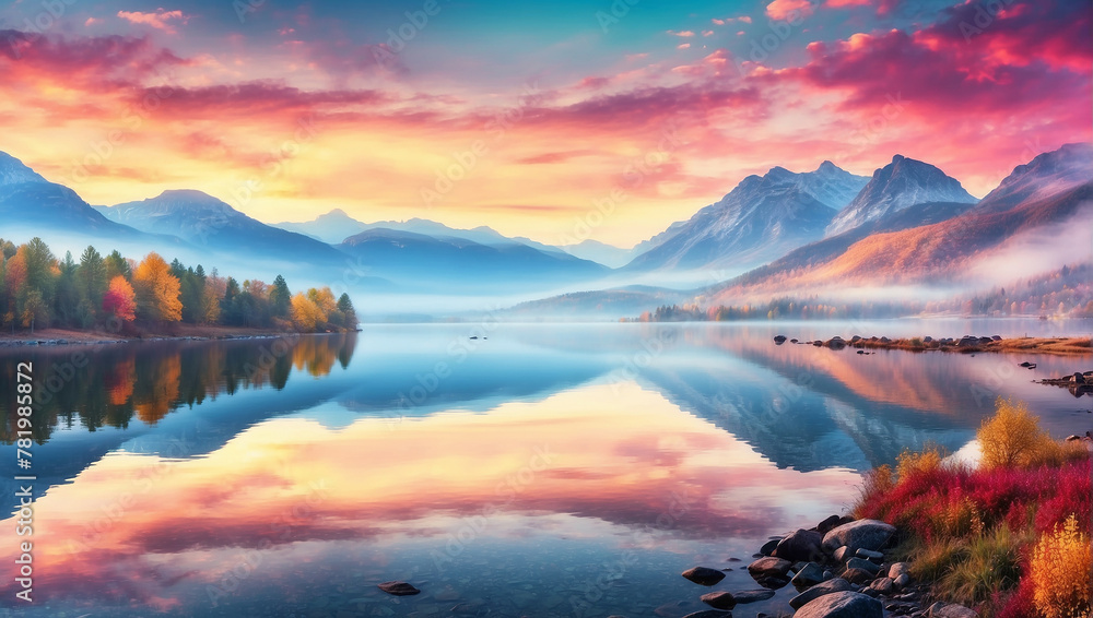 A mountain lake at sunset with trees on the shore and mountains in the background. The sky is a gradient of purple, pink, orange, and yellow. The lake is reflecting the sky and the trees.