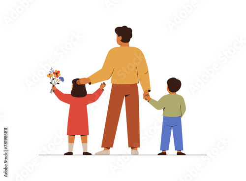 Nurturing dad and children stand together. Parental support and care about kids. Fatherhood concept for Father's Day celebration. Vector illustration
