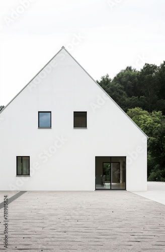 white minimalist house with gable roof, two small windows on the side of it and one big window in front