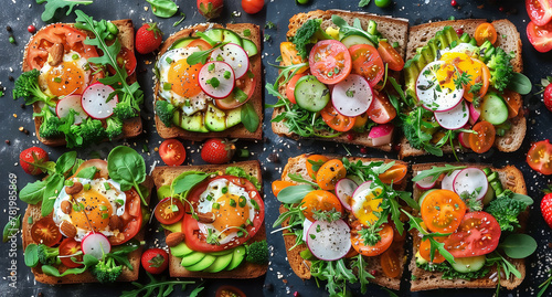 Various healthy sandwiches flat lay with tomatoes, avocado,eggs, herbs, spinach, arugula on dark background, top view
