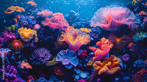 Captivating Coral Reef Ecosystem in Vibrant Neon Hues:An Underwater of Nature's Breathtaking Beauty
