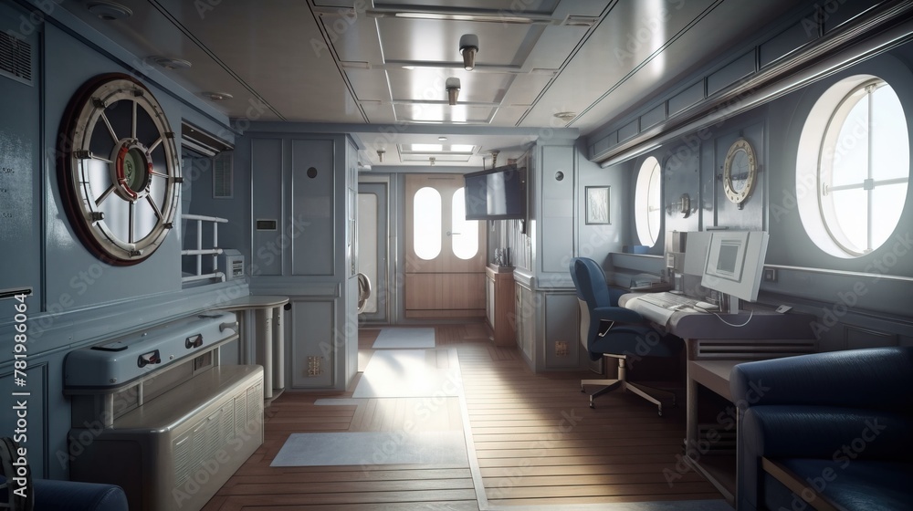 Fototapeta premium Design of a cozy living room interior in a modern marine style. AI generated.