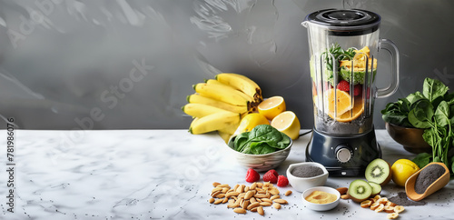 Healthy smoothie preparation with mixer or blender on kitchen table with fruits and vegetables ingredients. Banner