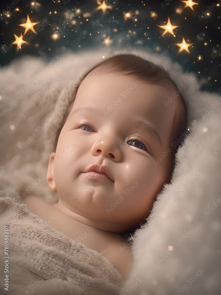 The baby is sleeping quietly with his eyes closed on a soft cloud with twinkling stars in the background The baby is sleeping quietly with his eyes closed on a soft cloud with twinkling stars in the background
