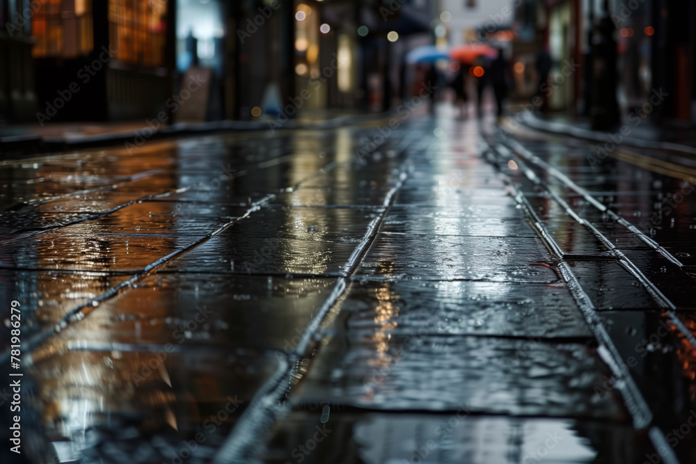 Rain-soaked streets reflect the evening lights, with the glistening tracks leading into the bustling cityscape