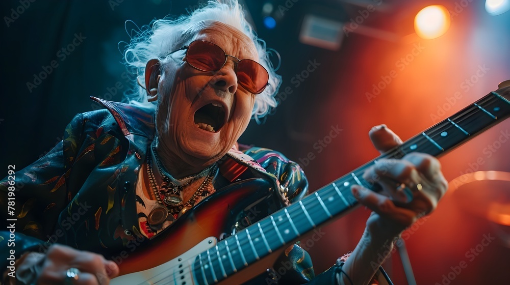 Energetic Senior Rock Star Performing on Stage with Electric Guitar - obrazy, fototapety, plakaty 